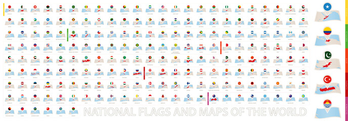 Collection of folded paper maps with a flag pin, sorted alphabetically. National flags and maps of the World.