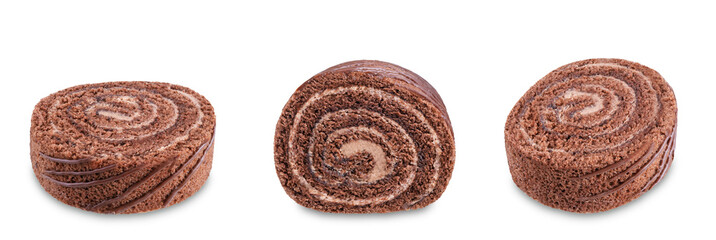 Chocolate cake roll with on a white isolated background
