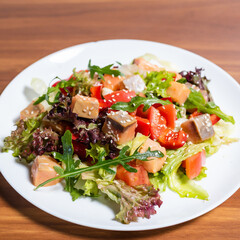 Salmon salad with green leaves, tomatoes and peppers on a wooden background