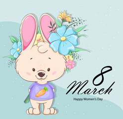 Happy Women's day. Cute bunny cartoon character