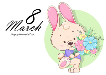 Happy Women's day greeting card. Cute bunny