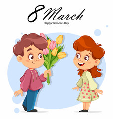 Happy Women's day. Cute cartoon boy and girl