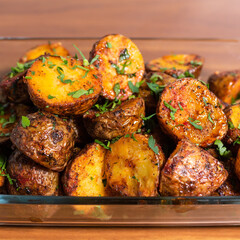 Fried potato wedges with thyme, close-up on a plate on a wooden table