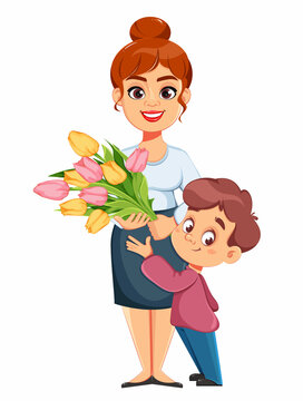 Happy Women's day. Boy giving flowers to his mom