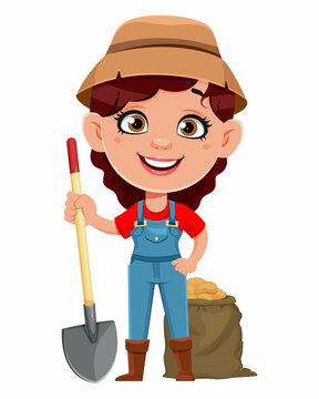 Farmer woman cartoon character holding shovel