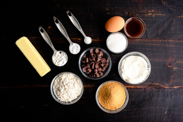 Ingredients for Soft-Batch Cream Cheese Chocolate Chip Cookies: Flour, butter, and other ingredients fo chewy chocolate chip cookies