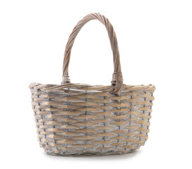 empty wicker basket isolated on white background. easter concept.