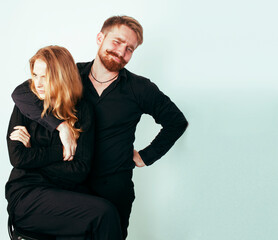 young tender couple, man and woman in love isolated on white, fooling around real modern hipster marriage, lifestyle people concept