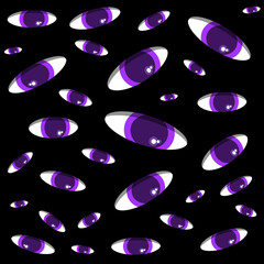 Abstract illustration, purple eyes on a black background.