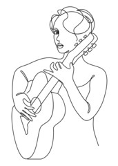 Silhouette of a beautiful woman with a guitar in a modern continuous line style. Girl guitarist, slender. Continuous line drawing, decor aesthetic outline, posters, stickers, logo. Vector illustration
