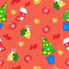 Red seamless background with Christmas socks and cute gloves and other little things. Vector pattern with Christmas cozy socks and toys.Christmas Pattern for fabric, paper.
