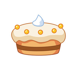 Cartoon cute cake with cream, cream and berries. Vector illustration of baking in cartoon childish style. Isolated funny clipart. cute print.