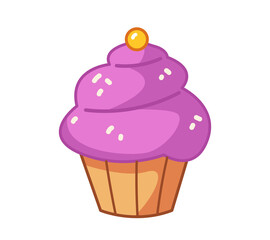 Cute cupcake with pink cream, berries and cream. Vector illustration of a cake in a cartoon childish style. Isolated funny bakery clipart on white background. cute kitchen print.