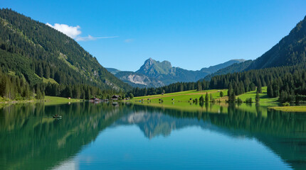 Fototapeta na wymiar landscape with mountains, lake and sky