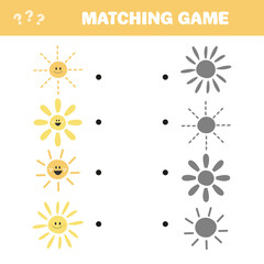 Find the correct shadow. Find and match the correct shadow of Sun. Educational children game, printable worksheet, vector illustration