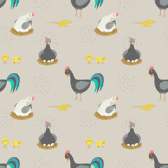 Seamless vector pattern with hen, rooster, chickens. Breeding chickens and poultry farming. Wrapping paper print