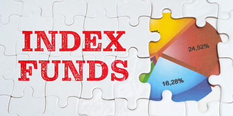On white puzzles there is an inscription - Index Funds. Financial diagram in the window among the puzzles