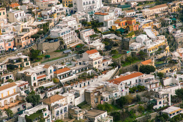 Fototapeta na wymiar View of the entire old town of Positano and its colored houses from the top. Amalfi coast Italy
