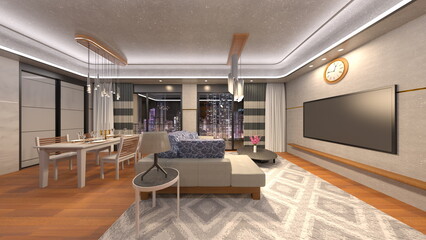 夜景が見えるリビングダイニング