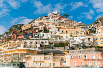 Fototapeta na wymiar View of Positano from the beach, Famous old colored houses in Positano Italiano, Amalfi Coast, no people