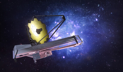 James Webb space telescope in outer space.  JWST far galaxies explore. Sci-fi space collage. Astronomy science. Elemets of this image furnished by NASA