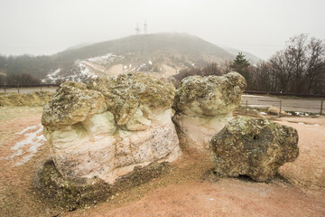 The Stone Mushrooms near Beli plast village in Bulgaria. They are about 2.5 metres tall. - obrazy, fototapety, plakaty