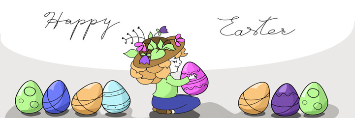 Happy Easter greeting banner in cartoon style. A little girl-spring hold an Easter egg in her hands