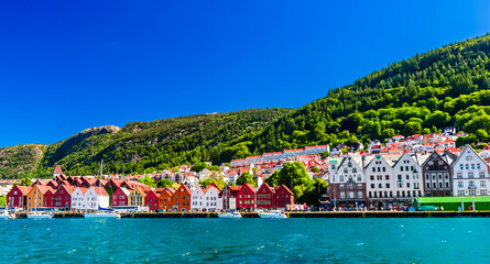 Colorful houses in the historic Bryggen area in Bergen, site on the UNESCO in Norway