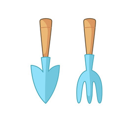 A set of houseplant care tools, a rake and a shovel with wooden handles. Vector illustration in cartoon childish style. Isolated funny clipart on white background. cute print.