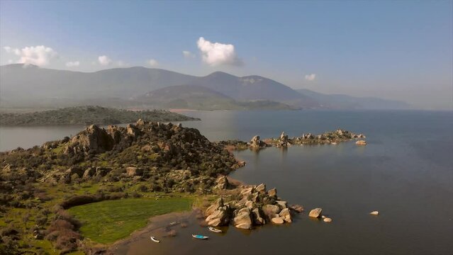 aerial footage over the lake bafa