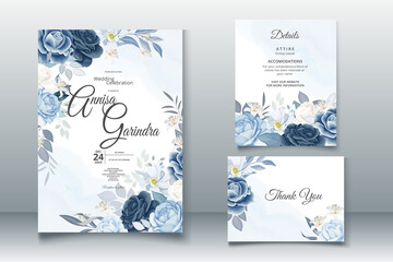 Fototapeta na wymiar Elegant wedding invitation card with beautiful red navy blue floral and leaves template Premium Vector