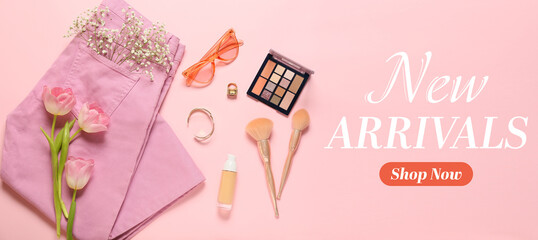 Text NEW ARRIVALS and stylish female accessories on pink background