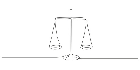One continuous line drawing of law balance and scale of justice. Symbol and logo of equality and outline concept court in simple linear style. Libra icon. Doodle vector illustration - obrazy, fototapety, plakaty