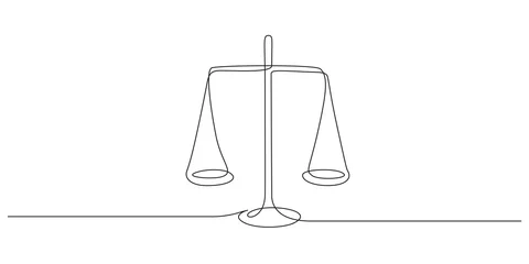 Blackout curtains One line One continuous line drawing of law balance and scale of justice. Symbol and logo of equality and outline concept court in simple linear style. Libra icon. Doodle vector illustration