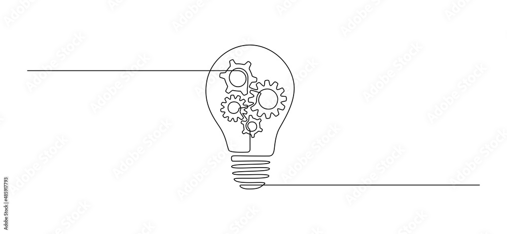 Fototapete lightbulb with gear wheels in one single line drawing for logo, emblem, web banner, presentation. cr