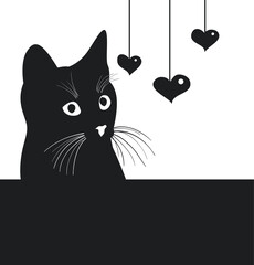Black cat watching hearts