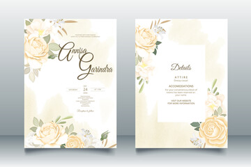  Elegant wedding invitation card with beautiful floral and leaves template Premium Vector