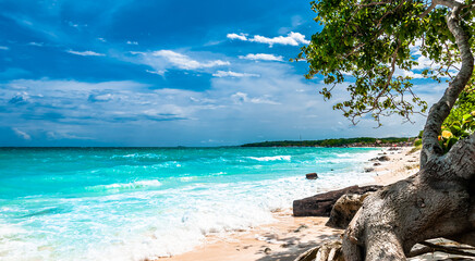 View on paradise beach of playa blanca on Baru island next to Cartagena, Colombia