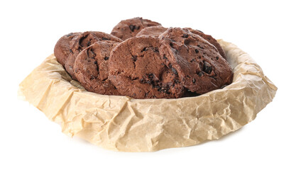 Delicious chocolate cookies on white background