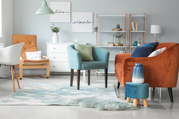 Interior of modern living room with stylish brown sofa