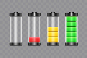 Batteries set. Charged and discharged glass batteries. Vector 3d clipart isolated on white background.