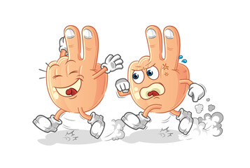 peace finger head cartoon play chase. cartoon mascot vector