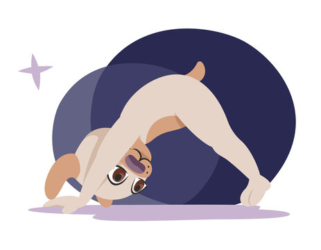 Dog doing yoga. Anthropomorphic animal in cartoon style