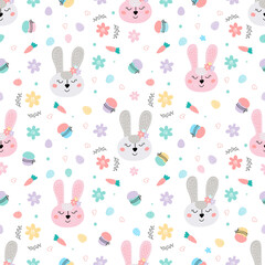 Easter background pattern with rabbits, cakes, eggs, willow. Cute Easter bunnies.