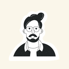Doodle man face avatar with mustache beard haircut and glasses. Hipster guy portrait sticker with trendy hair. Hand drawn black and white flat vector illustration. Fashion bearded man face icon