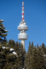 Pamporovo, Bulgaria View of peak Snezhanka, tower, Bulgaria ski resort 