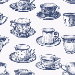 Seamless pattern of sketches set various vintage tea cups - 485921314