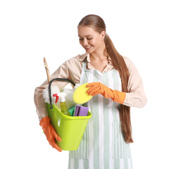 Young woman with cleaning supplies on white background