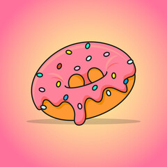 Donut with pink icing in modern flat outline style. Cartoon doughnut icon or label for logo and cafe menu. Banner design.