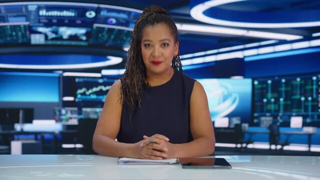 Beginning of TV Live News Program: Black Female Presenter Reading News Charismatically. Television Cable Channel Expressive Anchorwoman Talks. Mock-up Network Broadcasting Playback in Newsroom Studio